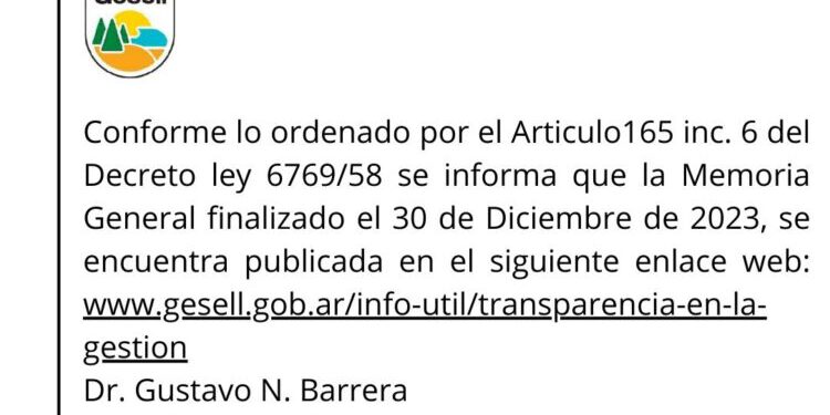 Municipalidad de Villa Gesell: Memoria General finalizado el 30 de Diciembre de 2023
