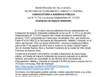 EDICTO. MUNICIPALIDAD DE VILLA GESELL SECRETARÍA DE PLANEAMIENTO, HÁBITAT Y VIVIENDA CONVOCATORIA A AUDIENCIA PÚBLICA
